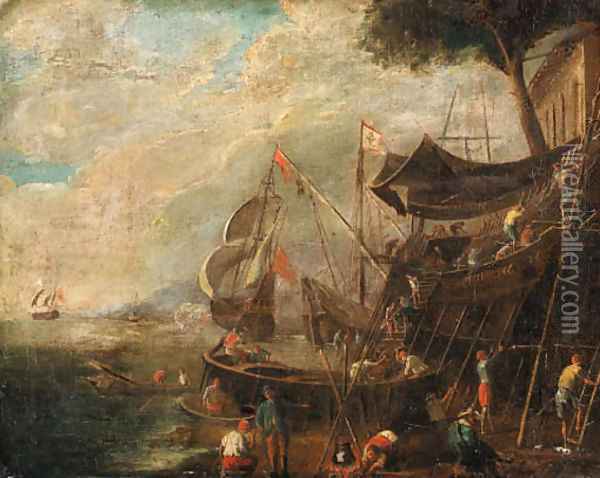 A Mediterranean Landscape with Shipbuilders Oil Painting - Italian School