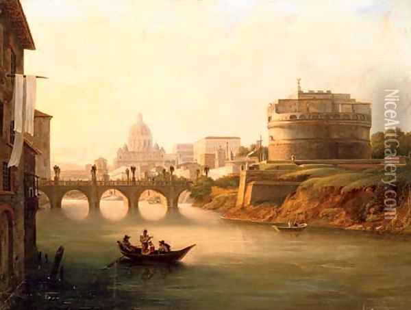 A view of the Tiber with Castel Sant'Angelo, Ponte Sant'Angelo with Saint Peter's beyond Oil Painting - Italian School