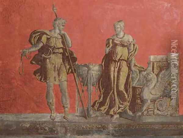 Paris and Aphrodite by a brazier and throne Oil Painting - Italian School