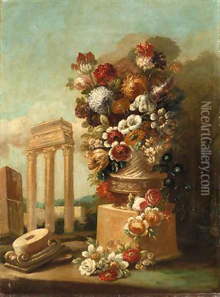 Flowers in ornamental urns on stone plinths amongst classical ruins Oil Painting - Italian School