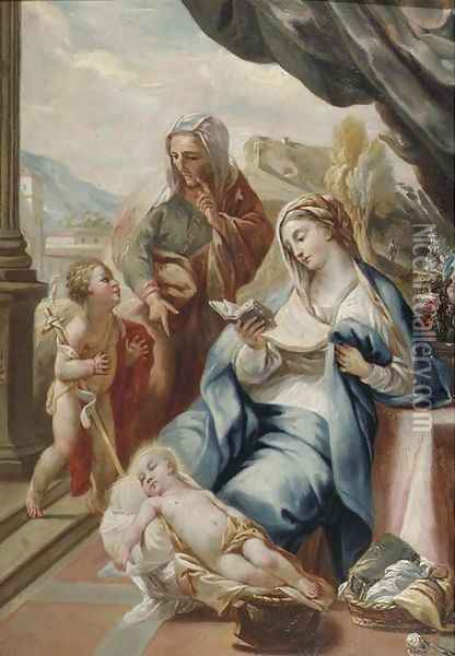The Madonna and Child with the Infant Saint John the Baptist and Saint Anne on a terrace, a landscape beyond Oil Painting - Italian School