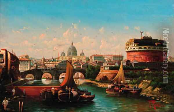The Tiber with St. Peter's and the Castello San Angelo beyond Oil Painting - Italian School