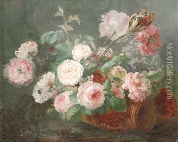 Still life of pink and white roses, carnations and tulips Oil Painting - Cornelis van Spaendonck