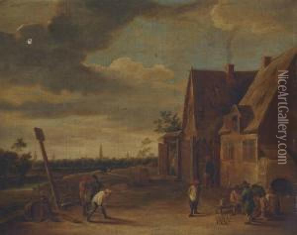 A Village Landscape With Skittle Players Outside A Tavern, A City Beyond Oil Painting - David The Younger Teniers