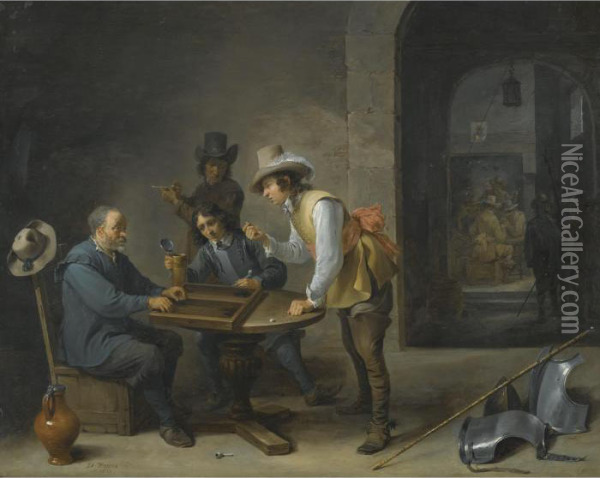 A Guardroom Scene With Tric-trac Players In The Foreground Oil Painting - David The Younger Teniers