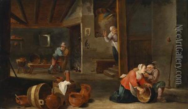 A Farmhouse Interior With An Amorous Oldman Oil Painting - David The Younger Teniers