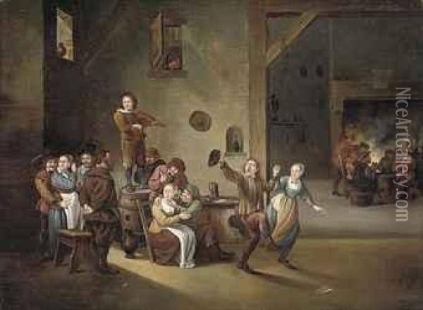Figures Celebrating In A Country Interior Oil Painting - David The Younger Teniers