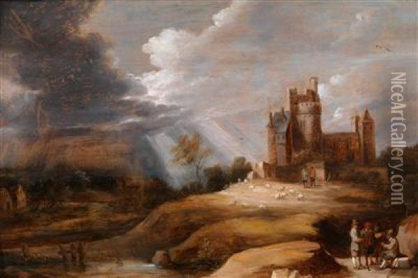 Landschaft Mit Einer Burg Und Sich Unterhaltendenmannern Bei Aufkommendem Sturm Oil Painting - David The Younger Teniers
