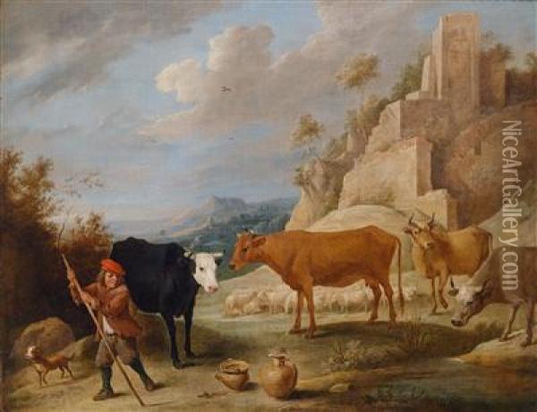 Einhirt Mit Seiner Herde In Einer Landschaft Mit Ruinen Oil Painting - David The Younger Teniers