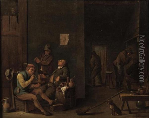 Boors Smoking And Drinking In An Interior Oil Painting - David The Younger Teniers