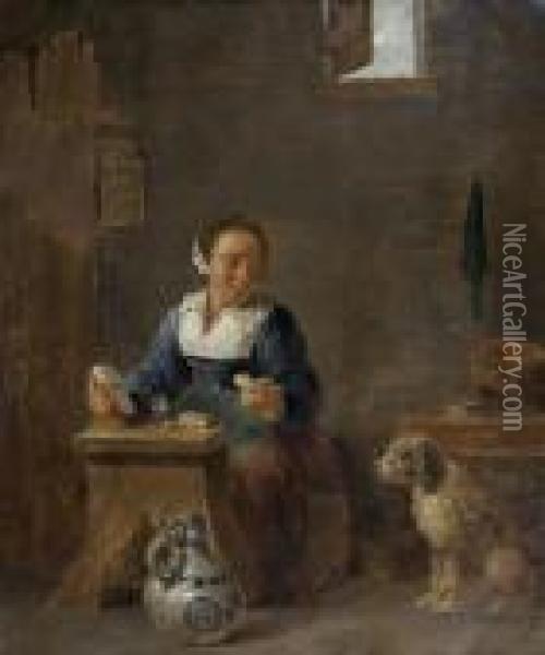Une Femme Dans Un Interieur Avec Un Chien Oil Painting - David The Younger Teniers