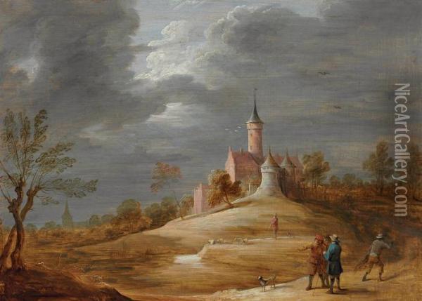 Figures In A Landscape With A Castle Beyond Oil Painting - David The Younger Teniers