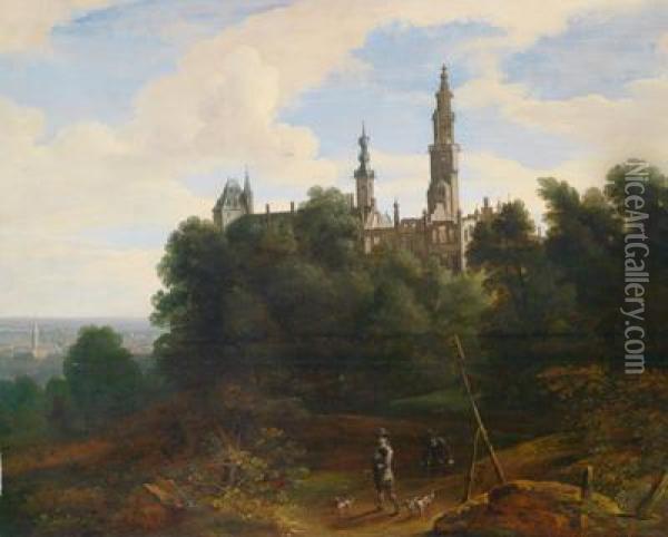 Hotel De Nassau In Brussel Mi Zwei Falkenjagern Und Hunden Im Vordergrund Oil Painting - David The Younger Teniers