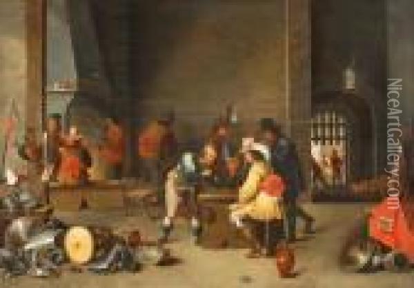 Guardroom With Smoking Soldiers Playing With The Dice Oil Painting - David The Younger Teniers