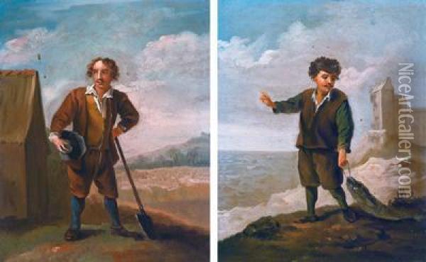 Un Contadino Presso La Sua Fattoria; Pescatori Sulla Costa Oil Painting - David The Younger Teniers