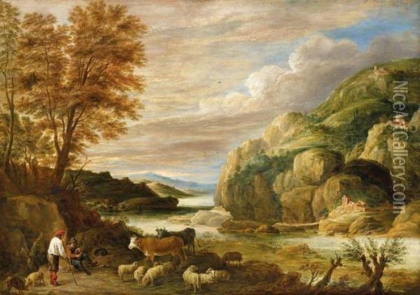 Flusslandschaft Mit Hirten Oil Painting - David The Younger Teniers