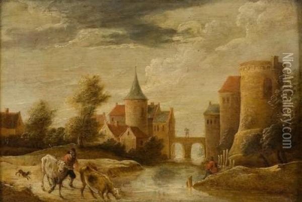 Stadtlandschaft Mit Bauer Und Kuhen Oil Painting - David The Younger Teniers