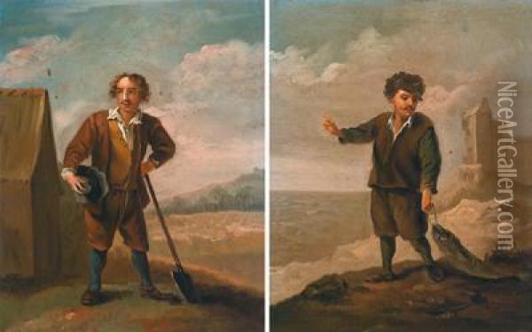 Contadino Dinanzi Al Suo Podere; Pescatori Sulla Costa Oil Painting - David The Younger Teniers