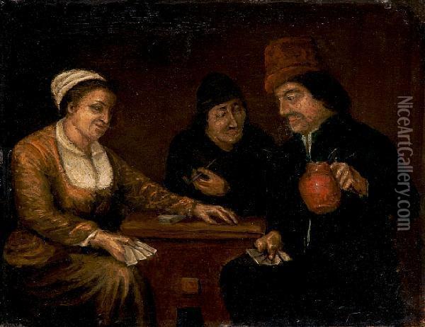 Three Peasants Playing Cards Oil Painting - David The Younger Teniers