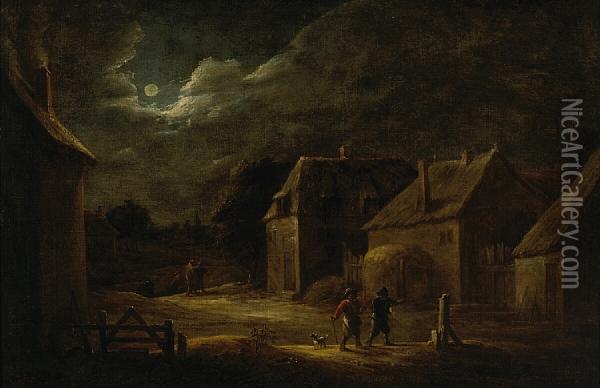 A Moonlit Village Street With Peasants And Adog Oil Painting - David The Younger Teniers