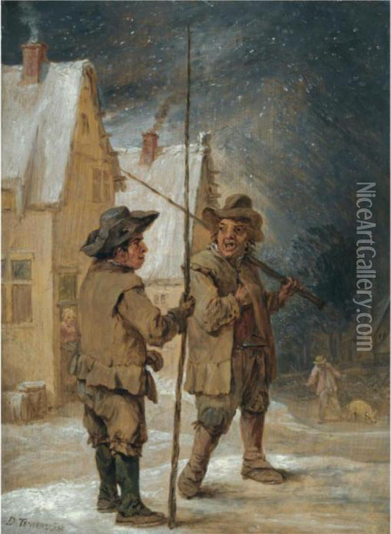 A Winter Scene With Two Chimneysweeps Conversing Before Some Cottages Oil Painting - David The Younger Teniers