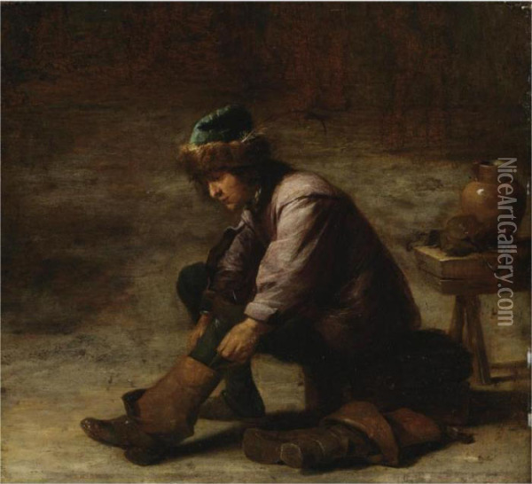 A Young Man Pulling On A Boot Oil Painting - David The Younger Teniers