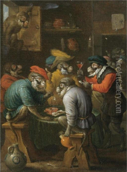 A Singerie Scene With Monkeys Drinking And Smoking In A Tavern Interior Oil Painting - David The Younger Teniers