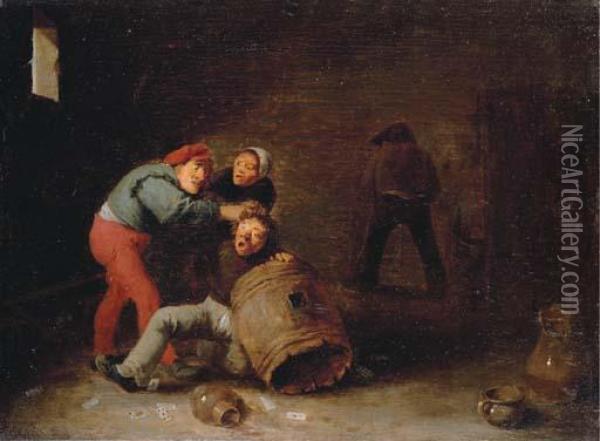 Boors Brawling In A Tavern Oil Painting - David The Younger Teniers