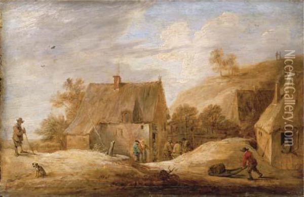 A Village Landscape With Peasants Outside A Cottage And A Traveller On A Path Oil Painting - David The Younger Teniers