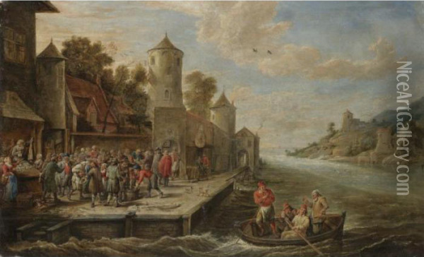 A Quay On A River Estuary With A Fishmarket Oil Painting - David The Younger Teniers