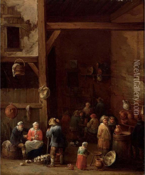 An Interior Of An Inn With A 
Woman Cleaning Turnips, A Little Girl Standing Near An Earthenware Pot 
And A Copper Bowl And Peasants Drinking In The Background Oil Painting - David The Younger Teniers