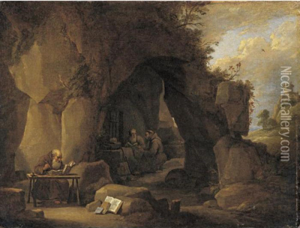 Hermits Writing In A Rocky Landscape Oil Painting - David The Younger Teniers