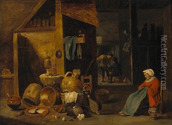 An Interior Scene With Figures By A Fire And A Lady Seated In The Foreground Oil Painting - David The Younger Teniers