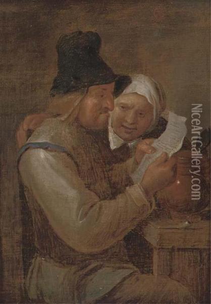 A Peasant Couple Reading A Letter In An Interior Oil Painting - David The Younger Teniers