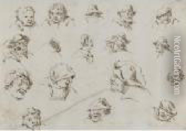 A Sheet Of Studies Of Heads Oil Painting - David The Younger Teniers