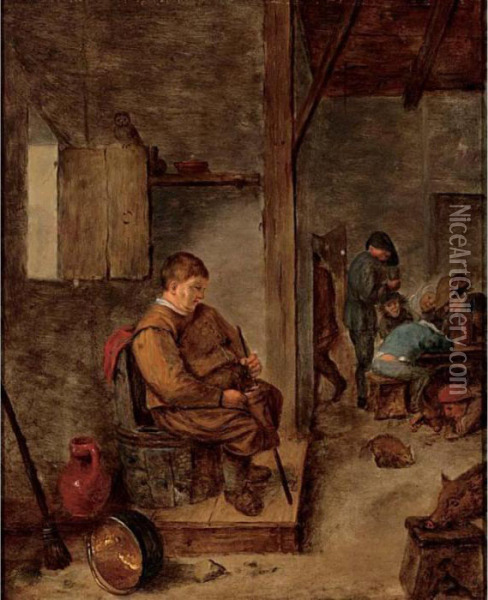 Interior Of An Inn With Peasants Drinking And Three Pigs Oil Painting - David The Younger Teniers