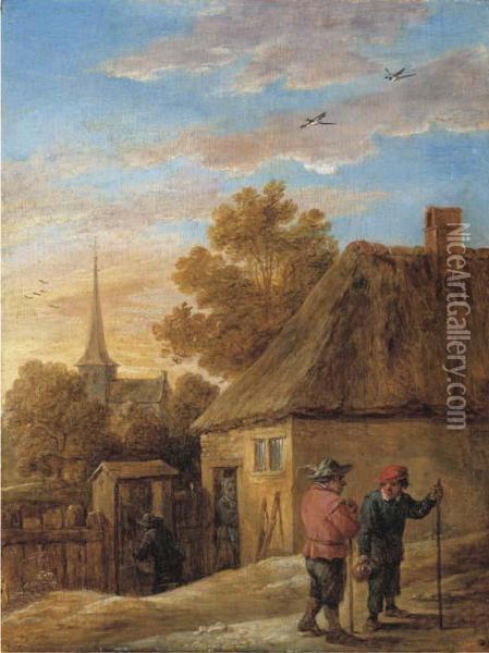 Peasants Conversing By A House With A Church Beyond Oil Painting - David The Younger Teniers