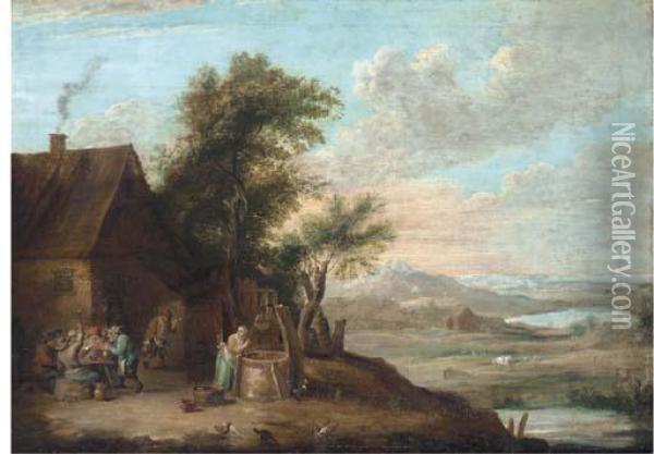 A River Landscape With Peasants 
Smoking And Drinking Outside Aninn, With A Women Getting Water From A 
Well Oil Painting - David The Younger Teniers