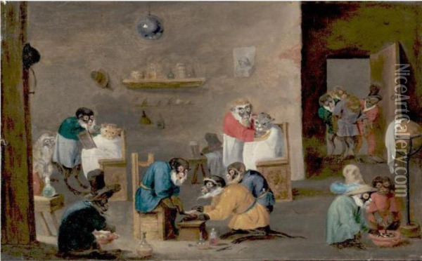 Monkey Barber Shop Oil Painting - David The Younger Teniers