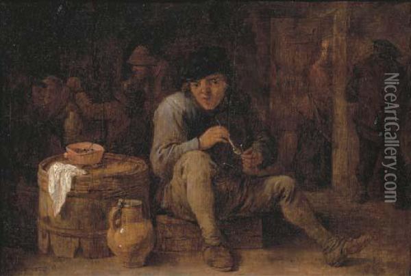 A Seated Peasant Smoking In An Interior, Other Figures In Thebackground Oil Painting - David The Younger Teniers