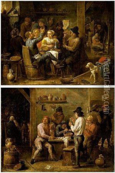 Peasants Smoking And Drinking Around A Table (#) Peasants And Two Women Oil Painting - David The Younger Teniers