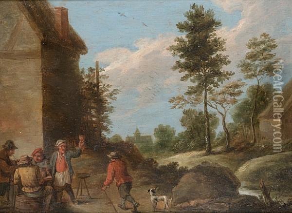 Peasants Drinking And Smoking Outside A Country Inn Oil Painting - David The Younger Teniers
