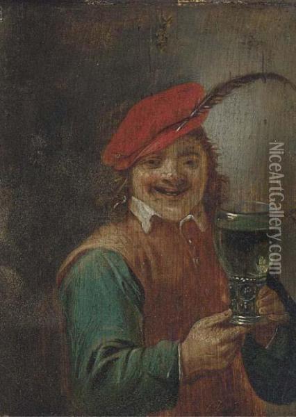 A Boor Holding A Roemer Oil Painting - David The Younger Teniers