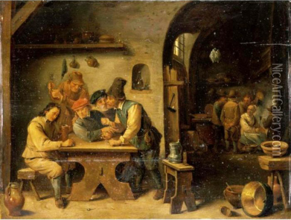 A Tavern Interior With Peasants Drinking Smoking And Merry Making Oil Painting - David The Younger Teniers