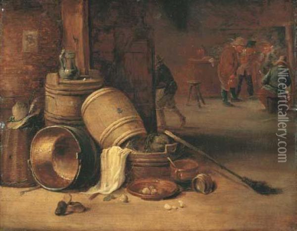 An Interior Scene With Pots, 
Barrels, Baskets, Onions And Cabbageswith Boors Carousing In The 
Background Oil Painting - David The Younger Teniers