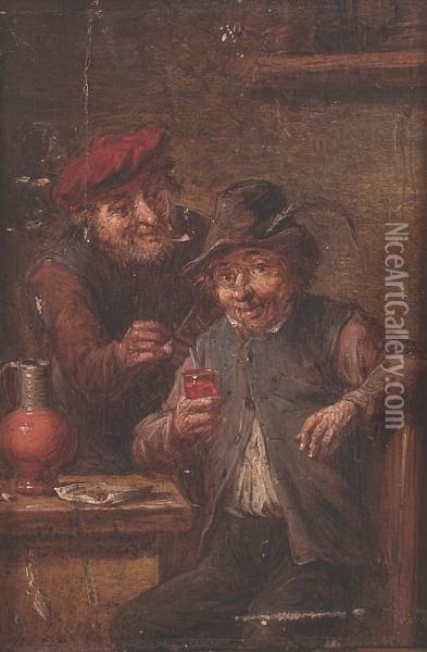 Two Peasants Smoking And Drinking In A Tavern Oil Painting - David The Younger Teniers
