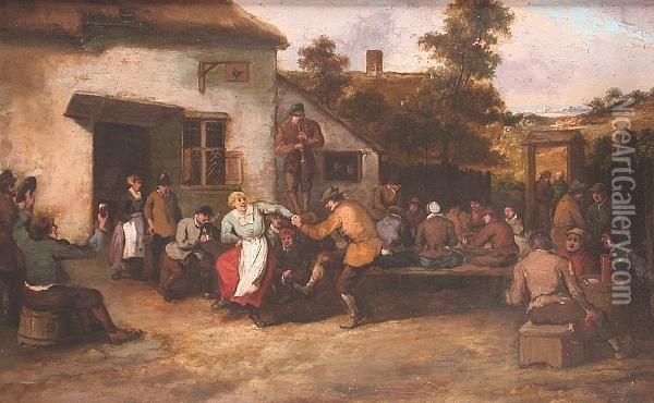 Peasants Dancing And Merrymaking
 Before A Tavern; Peasants Dancing, Drinking And Making Music In A 
Village Street Oil Painting - David The Younger Teniers