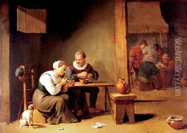 Scena W Gospodzie Chlopskiej Z Palaczami I Grajacymi W Karty Oil Painting - David The Younger Teniers