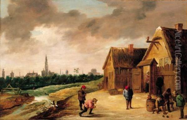 Peasants Playing Skittles Beside A Stream Outside An Inn, A View Of Antwerp Beyond Oil Painting - David The Younger Teniers