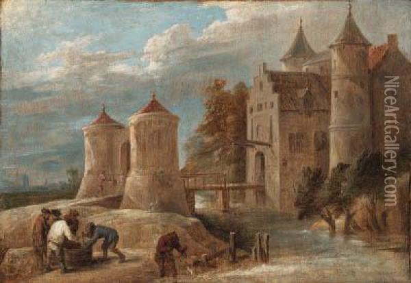 A Landscape With Fishermen Before A Castle With A Drawbridge
Signed With Monogram 'dt.f.' Oil Painting - David The Younger Teniers
